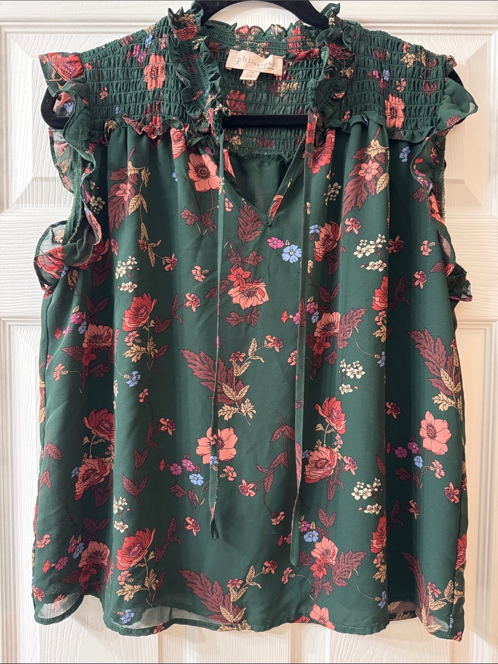Philosophy Green Floral Tie-Neck Smocked Ruffle Sleeveless Top
